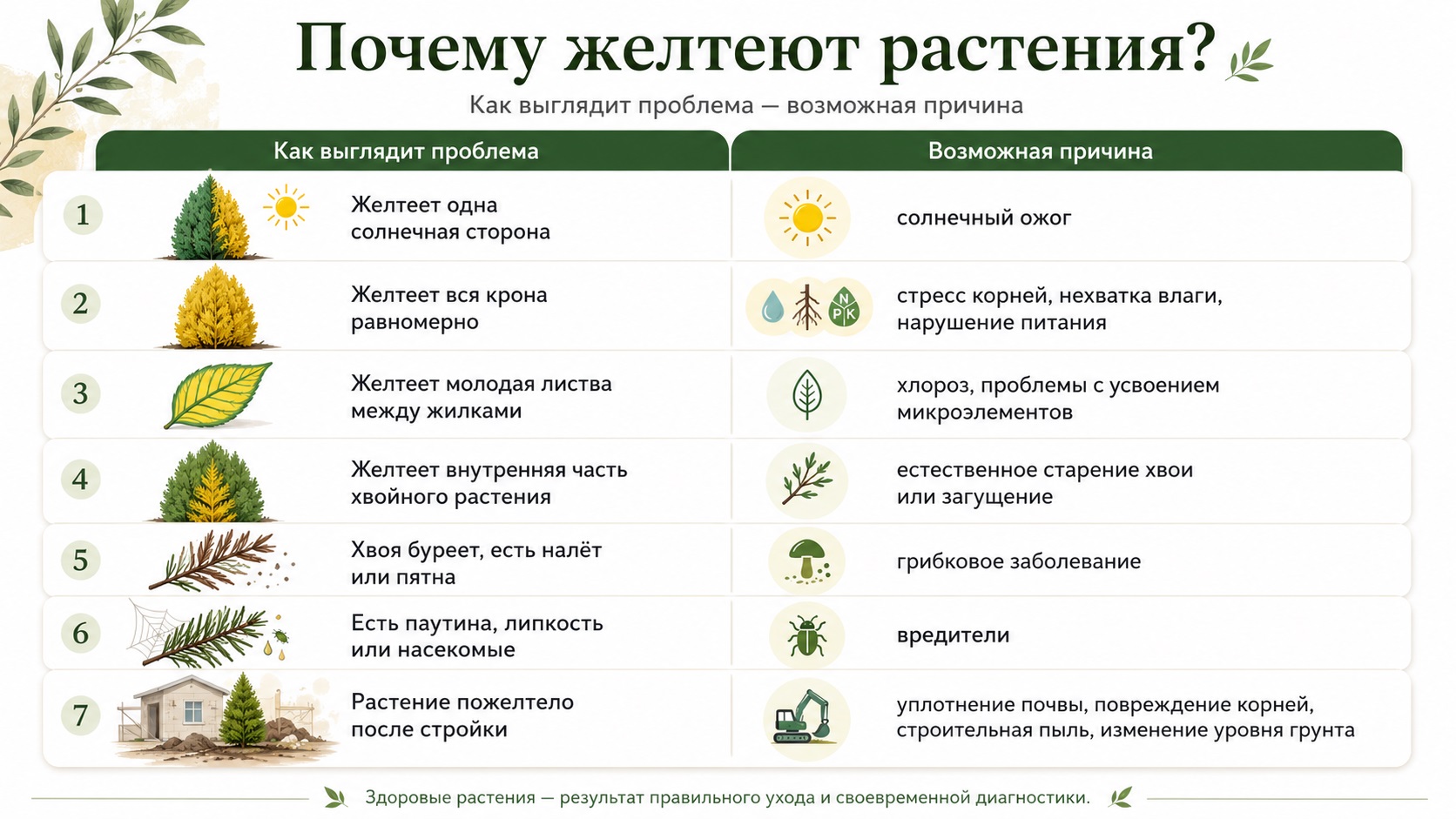 Почему желтеют туи, хвойные и декоративные растения